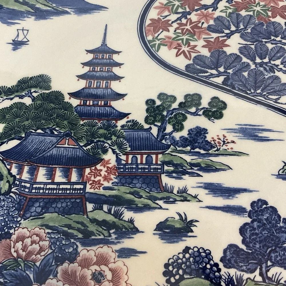 UCGC Japan Mid-Century ChinoiserieTransferware Pagoda Platter Oriental Garden 15